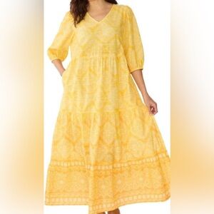 CO Yellow and White Tiered Puff Sleeve Sundress